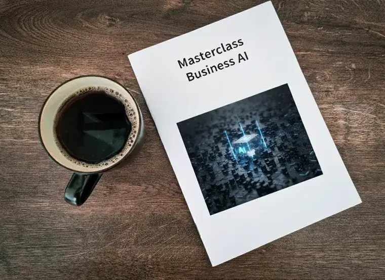 De gedrukte syllabus Masterclass Business AI naast een kop koffie.